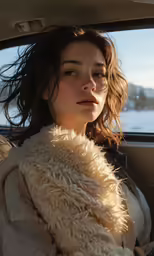 a woman that is sitting in a car with a jacket