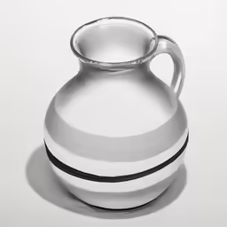 a striped, glass jug sitting on a white table