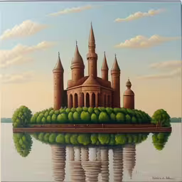 a painting depicting a castle on a small island,a painting of an old castle reflecting in a lake
