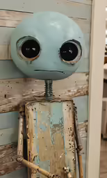 a gray robot standing next to a blue wooden wall