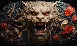 an elaborate artwork of a demon face with red eyes