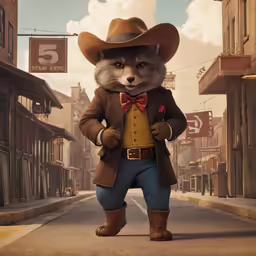 an image of a racoon with cowboy outfit and hat