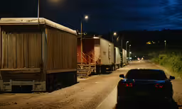 an abandoned freight car is parked on the side of a road at night,a car is parked on the side of the road in front of train cars