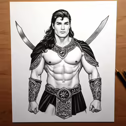 a drawing of a shirtless man holding swords