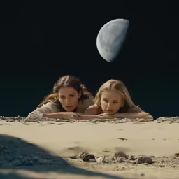 two girls laying on the ground at the beach with their hands on the ground looking at the moon