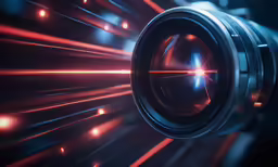 a camera lens with a red laser light