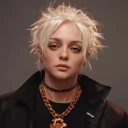 a woman with blonde hair is wearing a necklace and jacket