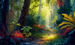 a trail in the woods surrounded by trees and flowers