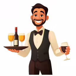 a man wearing a vest and bow tie holds a tray with wine glasses