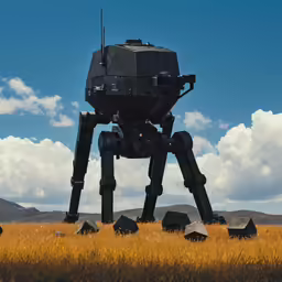a giant black robot on a field next to some rocks