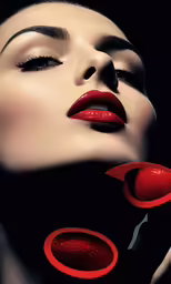 a woman with long red lips and makeup