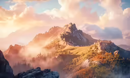 the view from top of a mountain with trees in front