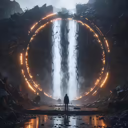 a man is standing in front of a giant wheel