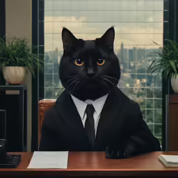 black cat in suit sitting on a wooden table