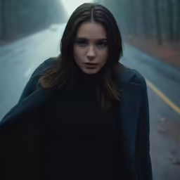 a woman standing in front of a dark road