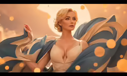 the blonde woman is wearing a tan dress