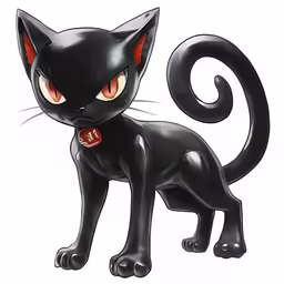 a black cat with large eyes and very long tail