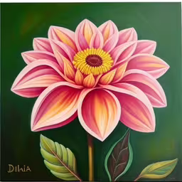 pink and yellow dahlia on a green background,a painting of a pink flower with green leaves,painting with bright pink and yellow flowers on green,pink and yellow flowers painted on green surface,a painting of a pink flower on green with leaves