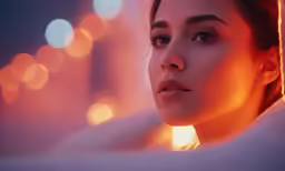 an attractive woman standing in front of a wall with lights