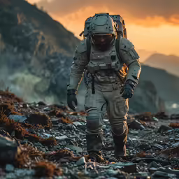 a man is walking on rocks with some mountains behind him