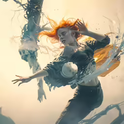 an artistic painting of a woman holding a ball in the water