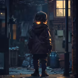 a person standing in front of a building with lights