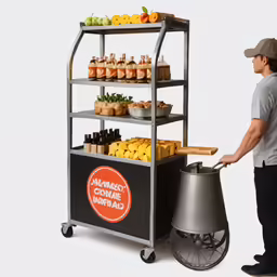 a person standing next to a cart filled with fruit