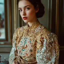 woman in old fashion dress with large gold necklace