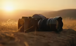 the digital camera is on the rock in the field