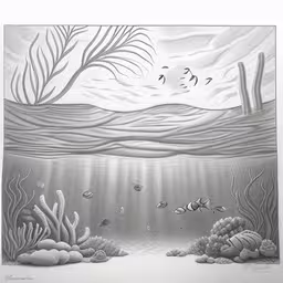 a drawing of the sea and reefs with sea plants and fish,a drawing of fish and sea creatures under water,a drawing of an underwater scene is shown,this is a drawing of a fish in the ocean,a drawing of a sea underwater scene, with fish