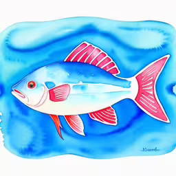 there is a very colorful fish floating on the blue water,an image of a fish swimming in the water,a fish that is standing in the water,a painting of a fish floating on the ocean water,a drawing of a redfish swimming under water