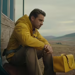 the man is sitting on a bench with a yellow purse
