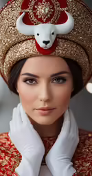 a woman with a hat and a cow on her head
