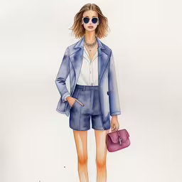 a watercolor painting of a woman in shorts