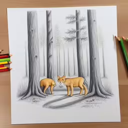 a drawing of two foxes in the forest