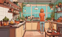 a person stands in a very small kitchen,a woman is standing in a small kitchen
