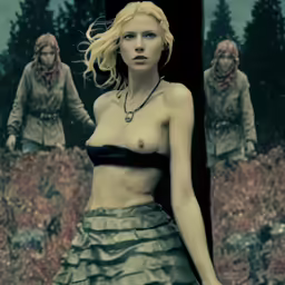a digital painting of a woman posing with zombies in the background