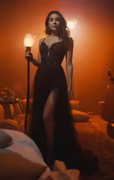 a young woman is standing in the smoke holding a lamp