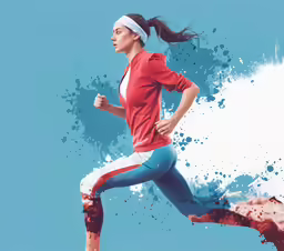 a woman running in the air with splots