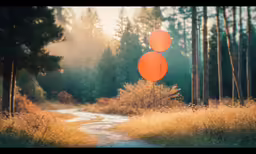 two large orange balloons are floating in the air near the road