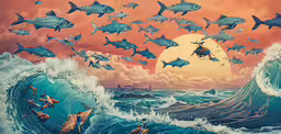 a painting of a man on a surfboard riding a wave,an image of a painting with sharks in the air