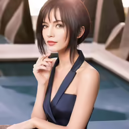 the woman in blue dress poses near an outdoor pool