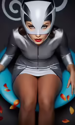 the woman is wearing silver and black