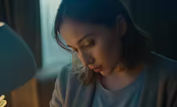 a woman looks down at her cell phone
