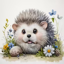 a hedgehog laying in the grass with some daisies