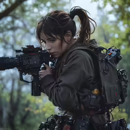 a woman is standing outside with her machine rifle
