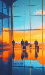 people standing near windows with the sky reflected
