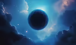 blue clouds surround a dark space that is covered by an abstract shape