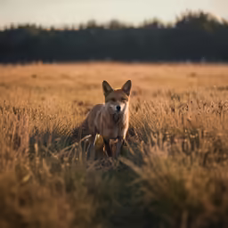 a dog standing in a field with trees in the background