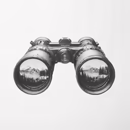 two binoculars on a pole with mountains in the background